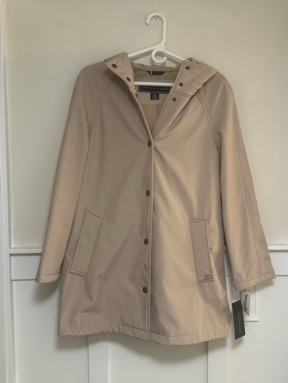 Tommy Hilfiger - Beige Hooded Trench Coat, 100% Polyester (28” length)